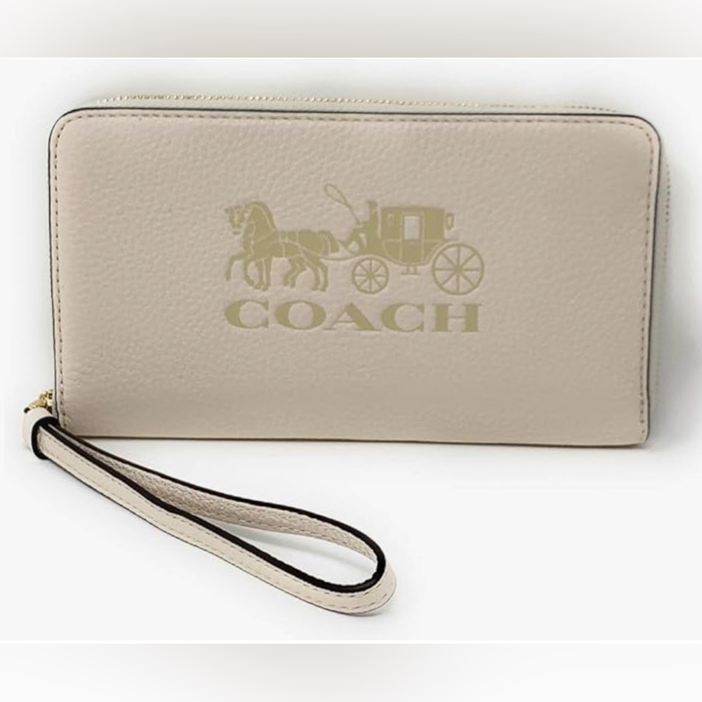 Coach Carriage Logo Zip Around Cream Wristlet Wallet NWT